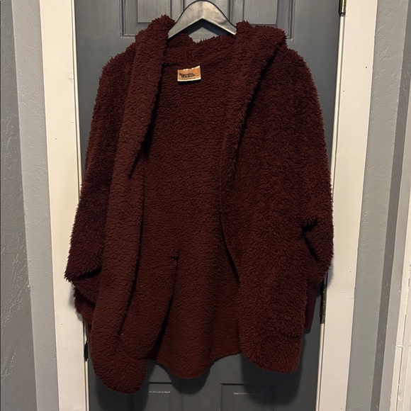 Nordic Beach Jackets & Blazers - Nordic Beach Burgundy Fuzzy Hooded Jacket with tight wrists